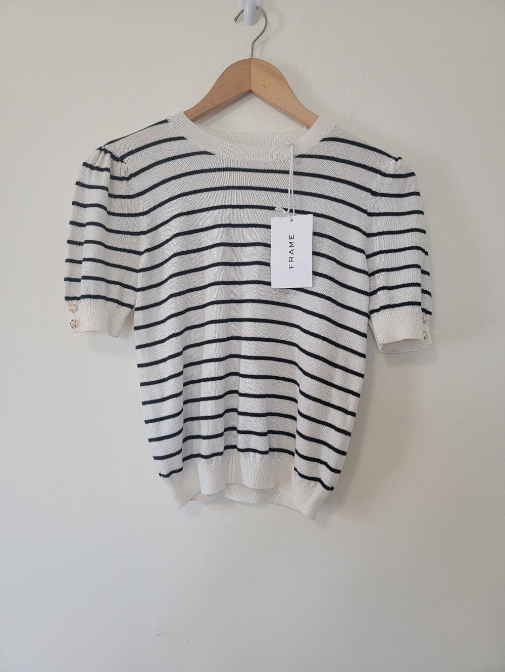 Frame Denim Ivory and Black Striped Puff Sleeve Knit Top